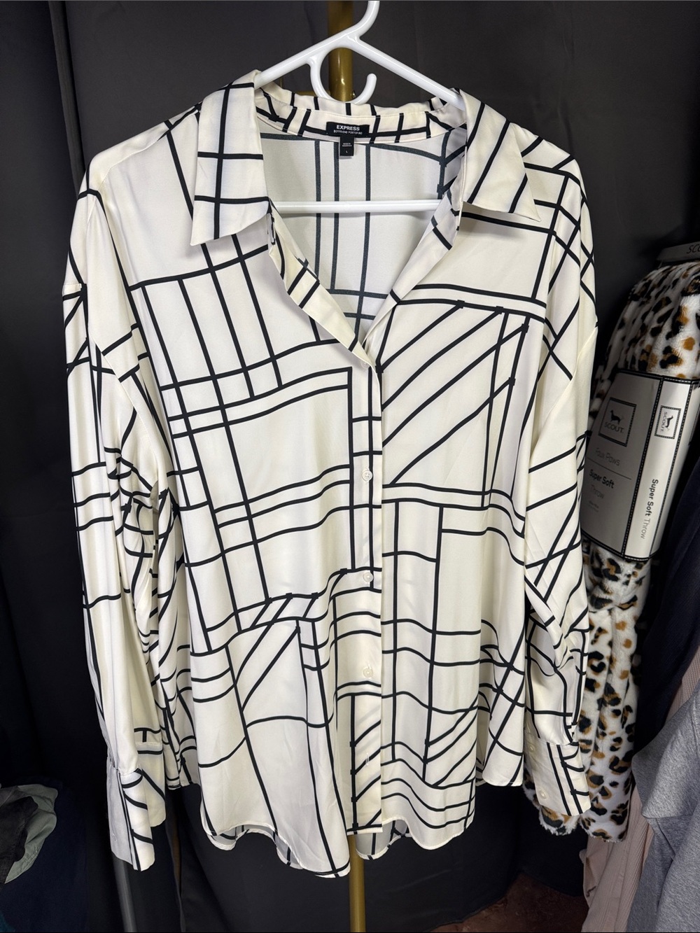 Express White Button-Down Shirt with Black Grid Print